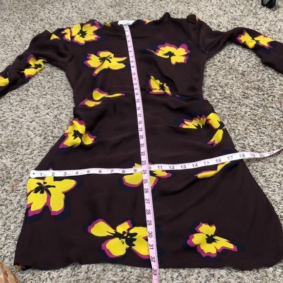 A.L.C Grace Dress Size 4 Dark Brown Silk Floral Cowl Neck Ruched Mini - Picture 11 of 12